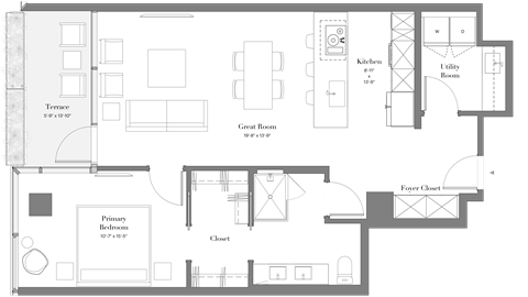 Floor plan for 1 bed, 1 bath, 897 sqft